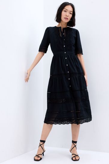 Gap Black Lace Button-Up Short Sleeve Midi Dress