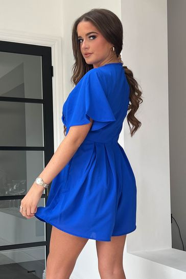 Buy Girl In Mind Blue cobalt Alice Flutter Sleeve Buckle Playsuit