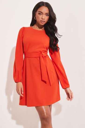 Lipsy Orange Long Sleeve Tie Waist Shift Dress