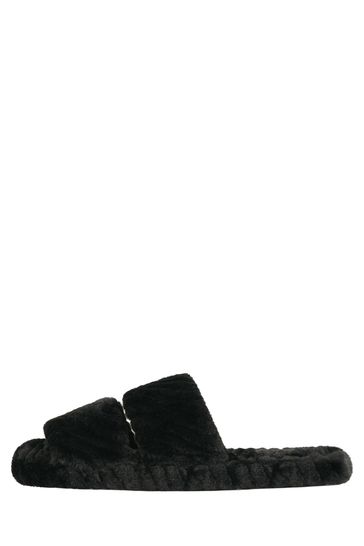 Loungeable Black Double Band Chevron Fluffy Mule Slippers
