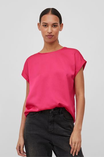 VILA Bright Pink Short Sleeve Satin and Jersey Top