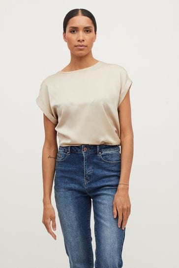 VILA Champagne Short Sleeve Satin and Jersey Top