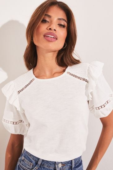 Buy Lipsy White Short Sleeve Puff Sleeve Ruffle Trim T Shirt from