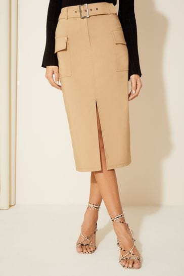 Friends Like These Beige Utility Super Stretch Tailored Midi Skirt