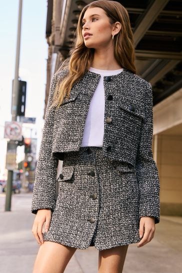 Friends Like These Black/White Cropped Boucle Button Through Jacket