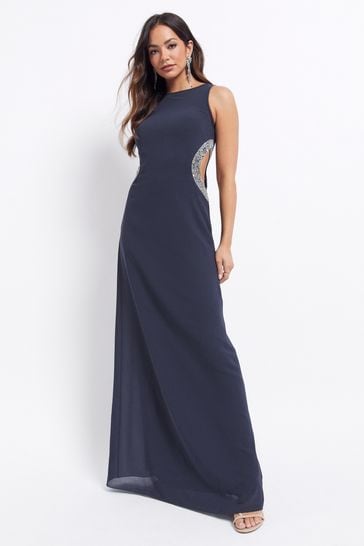 Maya Navy Round Neck Maxi  With Embellished Cut Outs