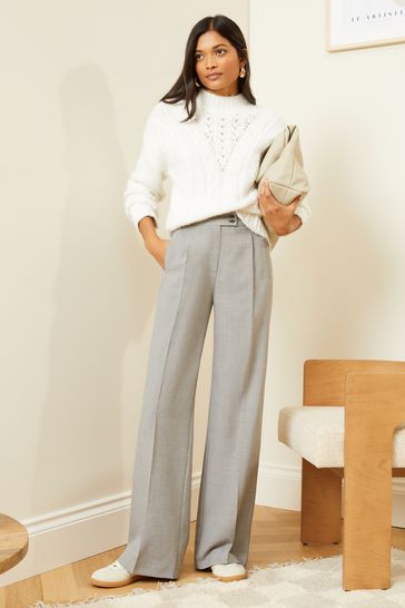 Love Roses Grey Tab High Waist Wide Leg Tailored Trousers