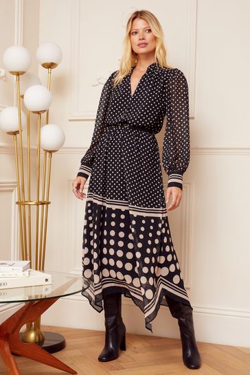 Buy Love Roses Black Mono Polka Dot Printed V Neck Belted Long