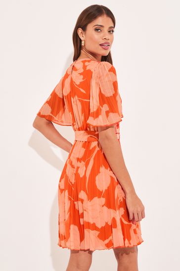 Buy Lipsy Orange Floral Flutter Sleeve Belted Pleated Shift Dress