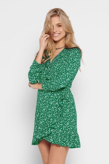 ONLY Green Ditsy Floral Long Sleeve Wrap Mini Dress
