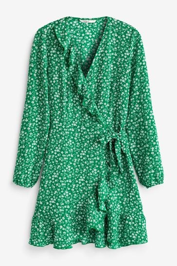 ONLY Green Ditsy Floral Long Sleeve Wrap Mini Dress