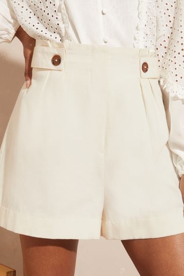 Love & Roses White Linen Linen Button Tab High Waisted Summer Shorts