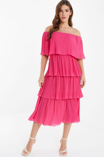 Quiz Hot Pink Bardot Pleated Tiered Midaxi Dress