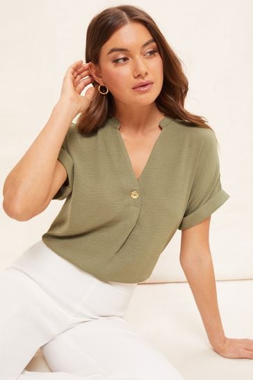 Friends Like These Khaki Green V Neck Roll Sleeve Button Blouse
