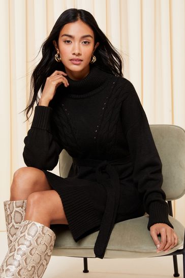 Friends Like These Black Roll Neck Belted Knitted Jumper Dress