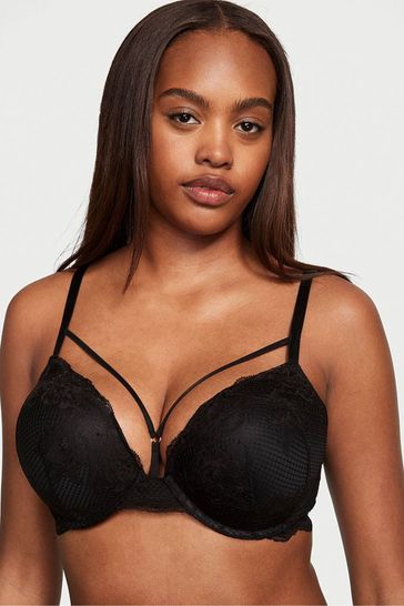 Victorias Secret BOMBSHELL Plunge Padded Adds 2 Cup Sizes lace Bra 32D Black