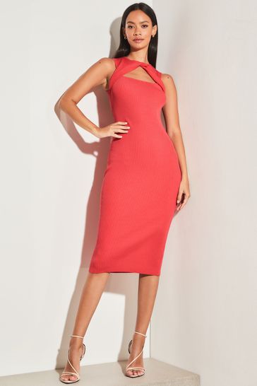 Lipsy Rose Pink Twist Front Sleeveless Knitted Midi Bodycon Dress