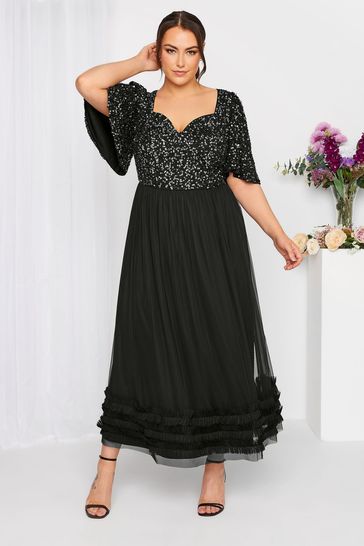 Yours Curve Black Luxe Sweetheart Ruffle Maxi Dress