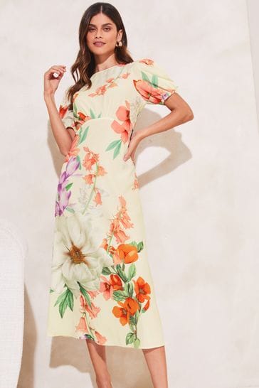 Lipsy Cream Woven Underbust Puff Sleeve Summer Midi Dress