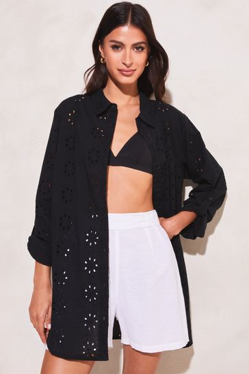 Lipsy Black Broderie Button Up Beach Shirt