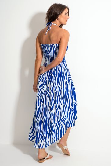 Buy Pour Moi White Blue Halter Neck Strap Shirred Bodice Maxi