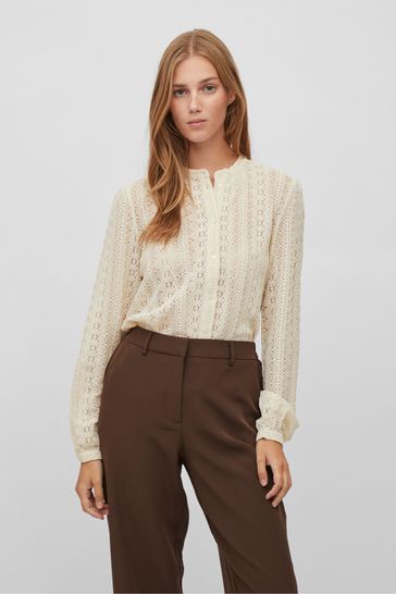 Buy VILA Cream Long Sleeve Lace Notch Neck Blouse from Next USA