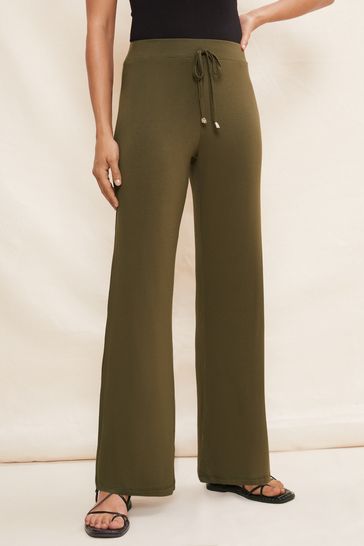 Friends Like These Khaki Green Jersey Wide Leg Trousers