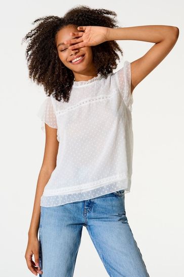 ONLY White Dobby Lace Detail Frill Top