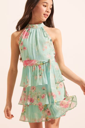 Lipsy Mint Green Pleated Halter Belted Dress