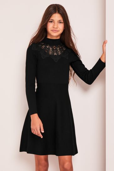 Lipsy Black Lace Yoke Long Sleeve Knitted Dress