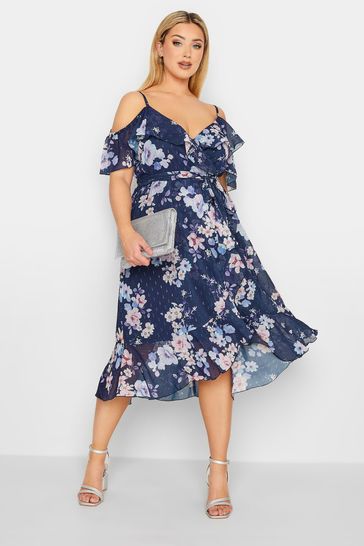 Buy Yours Curve Blue London Floral Cold Shoulder Wrap Dress from Next Denmark