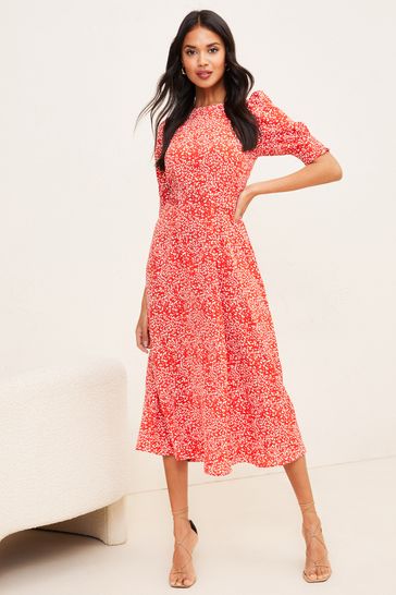 Buy Lipsy Red Spot Puff Sleeve Tie Waist Summer Midi Dress from