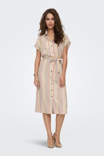 ONLY Cream Stripe Shirt Dress Contains Linen