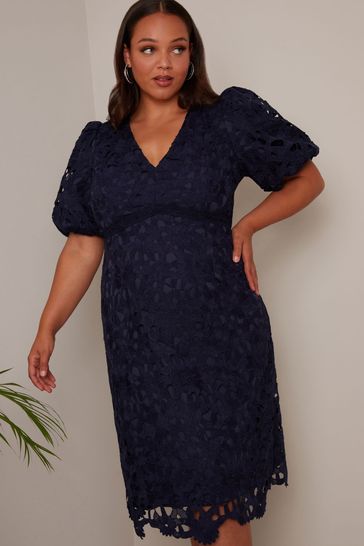 Buy Chi Chi London Navy Blue Curve Puff Sleeve Premium Lace Mini Dress from Next Kuwait