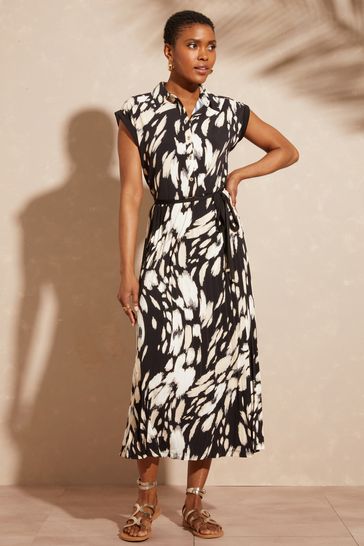 Buy Love Roses Black Petite Jersey Pleated Collared Button Front
