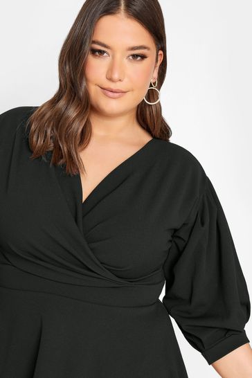 Buy Yours Curve Black London Drop Shoulder Wrap Peplum Top from