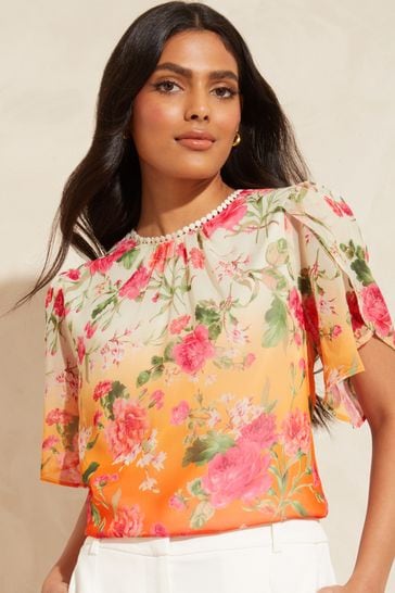 Buy Love & Roses Orange Floral Ombre Petite Tulip Sleeve Lace Trim Round  Neck Top from Next Luxembourg