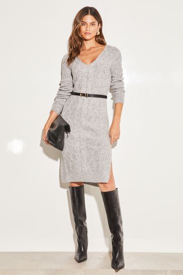 Lipsy Grey Petite V Neck Cable Knit Jumper Dress