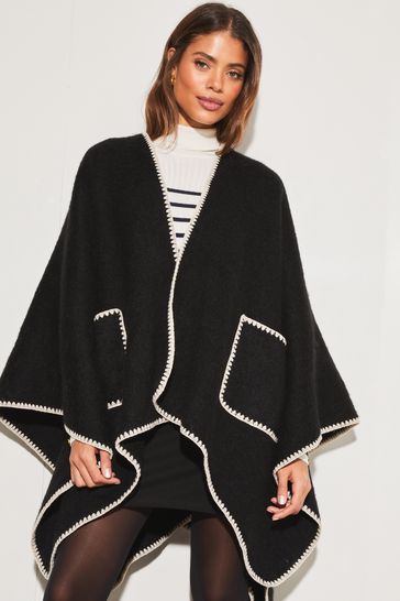 Lipsy Black Soft Cosy Patch Pocket Tipped Whipstitch Cape