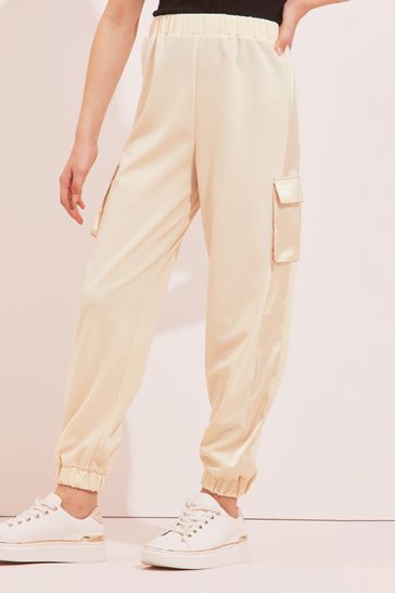 Lipsy Cream Cargo Satin Trim Cuffed Trousers