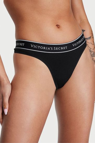 Victoria's Secret Black with Black Band Thong Logo Knickers