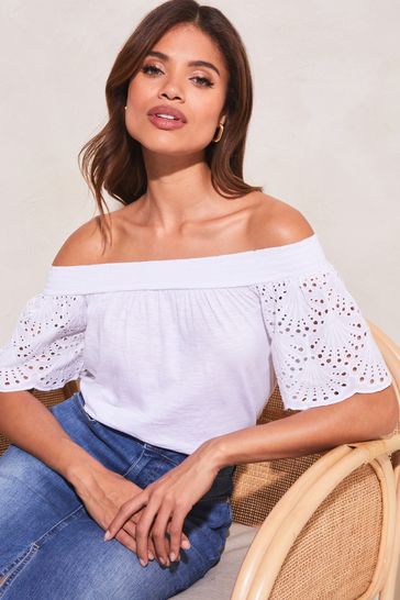 Buy Lipsy White Broderie Sleeve Bardot Top from Next Denmark
