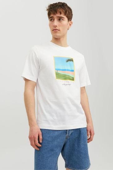 JACK & JONES White Postcard Print Landscape Print T-Shirt
