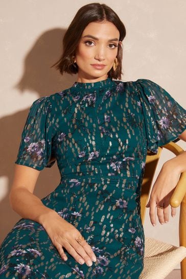 High neck flutter sleeve dress shop