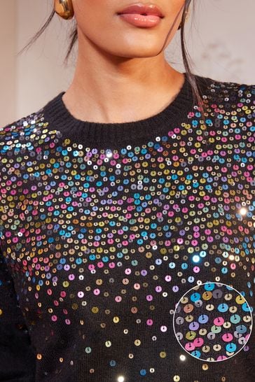 Buy Love Roses Black Scattered Sequin Knitted Crew Neck Jumper from Next Luxembourg