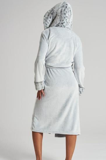 Loungeable Grey Faux Fur Hood Luxury Fleece Midi Robe