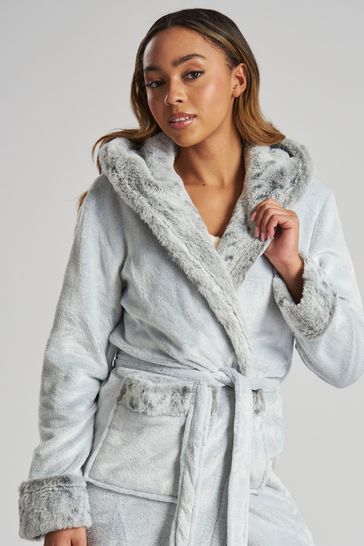 Buy Loungeable Grey Faux Fur Hood Luxury Fleece Midi Robe from