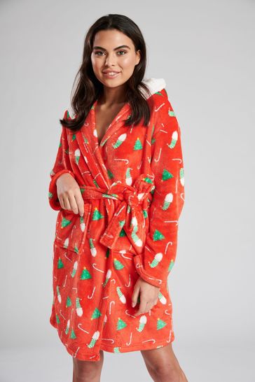 Loungeable Red Christmas Print Dressing Gown Sherpa Hood Lining