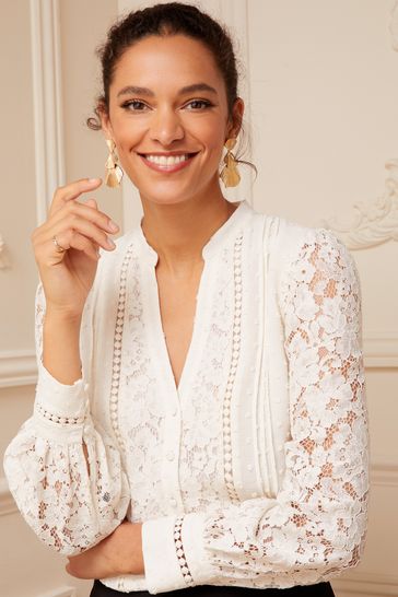 Buy Love Roses Ivory White Petite Lace Long Sleeve Button Front
