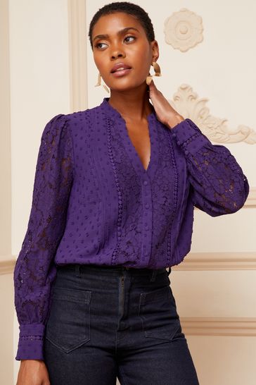Love & Roses Purple Lace Long Sleeve Button Front V Neck Blouse